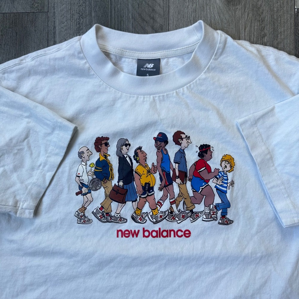 New Balance Rare Streetwear Cartoon People Walking Graphic T-Shirt White Size S